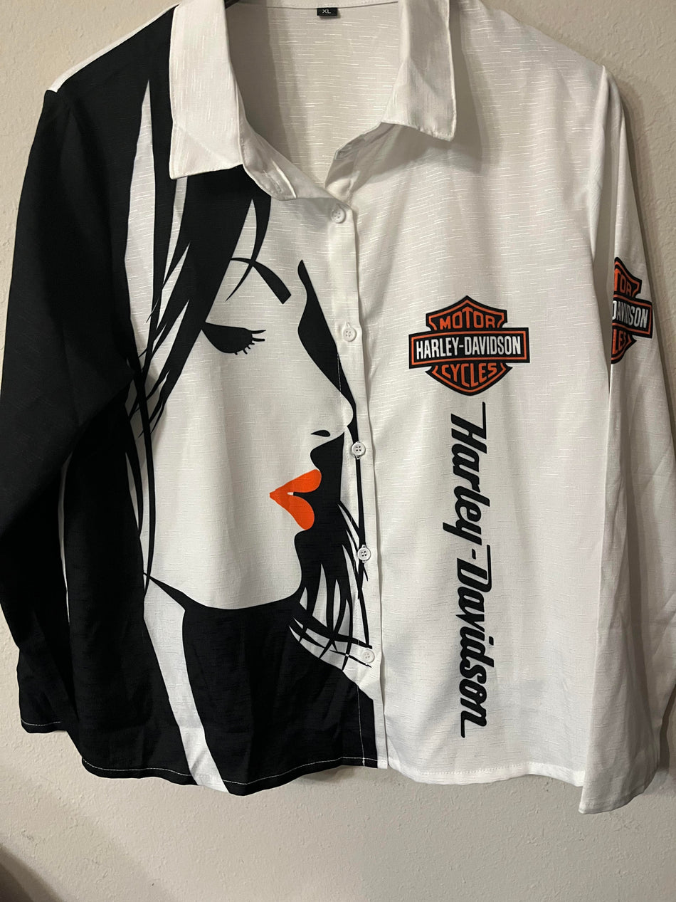 Womens Button Down Harley Davison Graphic print- Size XL